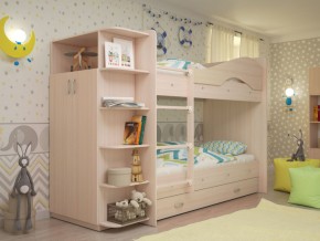 Кровать 2-х ярусная Мая с ящиками и шкафом на латофлексах млечный дуб в Невьянске - nevyansk.magazinmebel.ru | фото