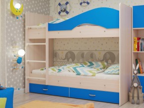 Кровать 2-х ярусная Мая с ящиками на латофлексах млечный дуб/синий в Невьянске - nevyansk.magazinmebel.ru | фото